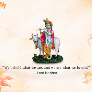 Statue of Lord Krishna playing the flute with a cow beside him