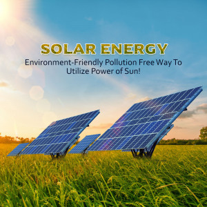 Solar panels in a field with a bright sky, promoting solar energy as an environmentally friendly power source.