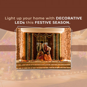 Family celebrating a festival with decorative LED lights in their home.