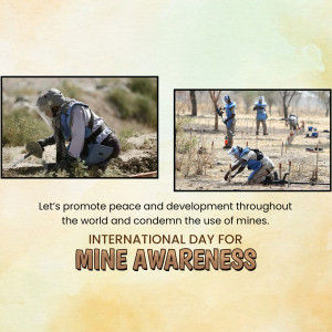 Image depicting demining efforts with text promoting peace and condemning landmines.