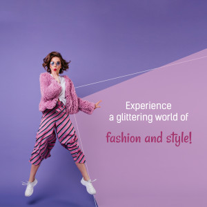 A stylish woman in pink and striped clothing jumping against a purple background with text.