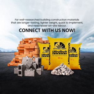 UltraTech Cement bags with bricks, rubble, and construction materials