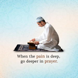 A man kneeling in prayer on a rug with a quote about finding solace in difficult times.