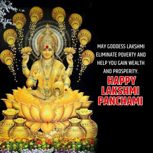 Image of Goddess Lakshmi with text 'Happy Lakshmi Panchami'