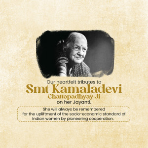 Portrait of Kamaladevi Chattopadhyay with a tribute message