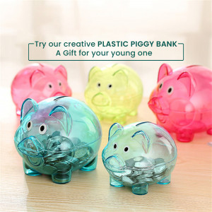 A group of colorful plastic piggy banks filled with coins.