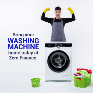 Man celebrating next to a washing machine with Zero Finance offer.