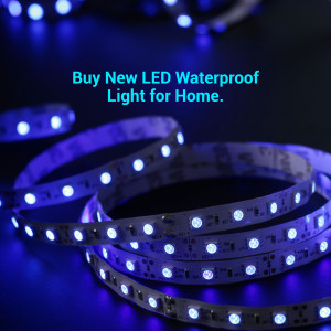 Close-up of blue waterproof LED strip lights coiled and ready for installation.