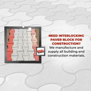 Interlocking paver blocks displayed in a framed image with text advertising construction materials supply.