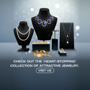 Display of various necklaces, rings, and bracelets on black stands against a blue gradient background.