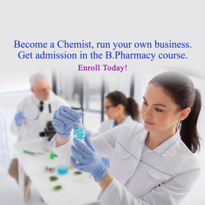 Students in a pharmacy lab conducting experiments with a call to action to enroll in a B.Pharmacy course.