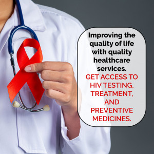 Doctor holding a red ribbon, symbolizing HIV/AIDS awareness, with text promoting access to testing and treatment.