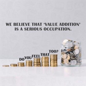 Stacked coins in a jar with text about value addition