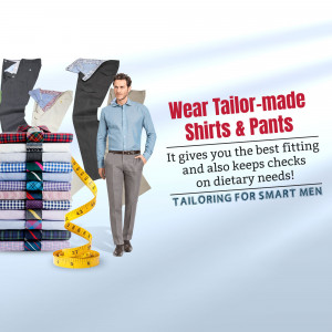 Advertisement for tailor-made shirts and pants with a man modeling the clothes and fabric swatches.