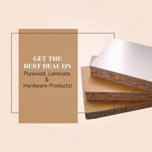 Plywood, laminate, and hardware products with promotional text.