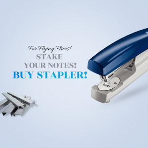 Close-up of a blue stapler with staples, promoting a sale.