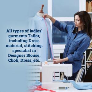 A female tailor measuring a garment on a mannequin in her workshop.