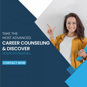 Woman pointing upwards with text promoting career counseling.
