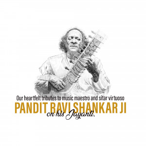 Sketch of Pandit Ravi Shankar playing the sitar with text commemorating his Jayanti.