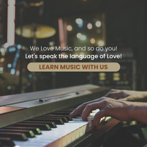 Hands playing a piano with text overlay promoting music lessons