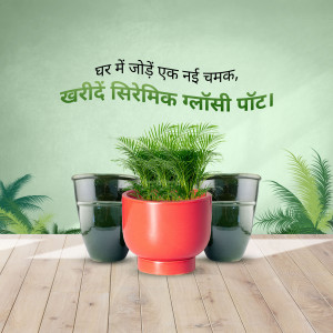 Red ceramic pot with a green plant, surrounded by grey pots on a wooden surface.