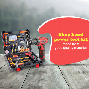 A red and black hand power tool kit with a drill and various tools in a black case.