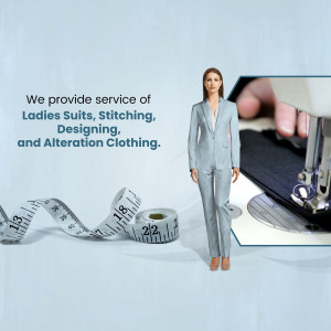 Woman in a grey suit with tailoring tools and text advertising ladies suits, stitching, designing, and alteration services.