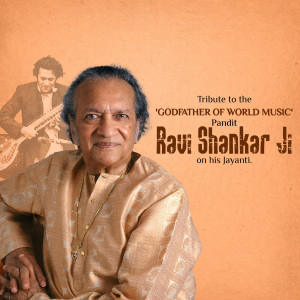 Portrait of Pandit Ravi Shankar with a smaller image of him playing the sitar