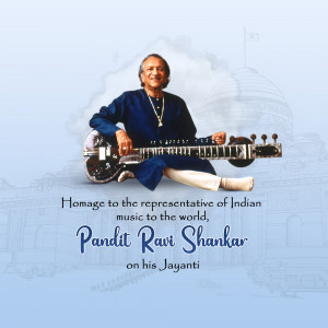 Portrait of Pandit Ravi Shankar with his sitar, commemorating his birth anniversary.