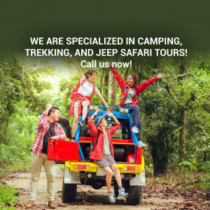 Group of friends enjoying a jeep safari tour in a lush forest.