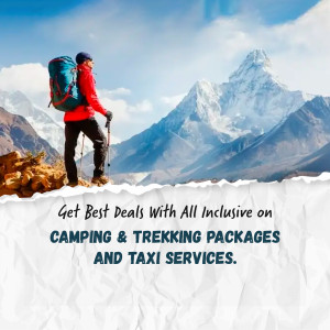 Hiker overlooking a mountain range with text promoting camping and trekking packages.