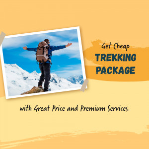 Man with backpack standing on a mountain peak with text 'Get Cheap Trekking Package'