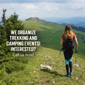 Woman hiking on a green mountain with text overlay promoting trekking and camping events.