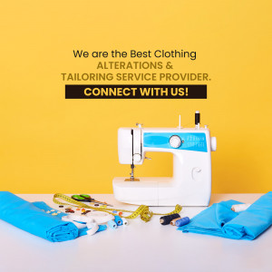 Sewing machine with fabric and tailoring tools on a yellow background with text promoting alterations and tailoring services.