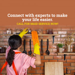 Woman cleaning kitchen shelves with a duster, promoting maid service.