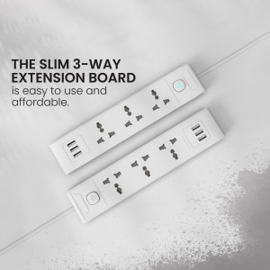 White 3-way extension board with multiple outlets and USB ports