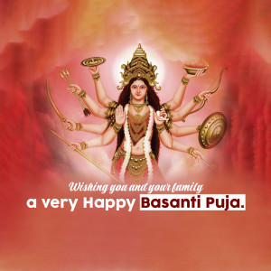 Image of Goddess Durga with a Basanti Puja greeting