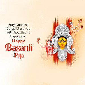 Image depicting Goddess Durga for Basanti Puja with a festive greeting.