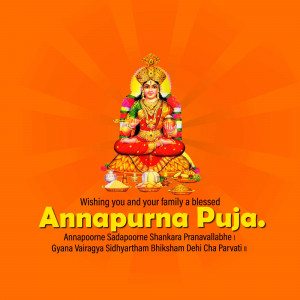 Image of Goddess Annapurna with festive decorations and text wishing a blessed Annapurna Puja.