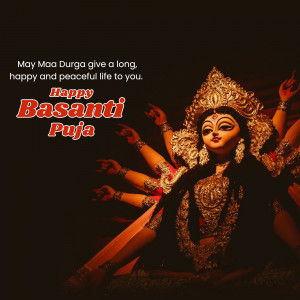 Image of Goddess Durga with 'Happy Basanti Puja' text overlay