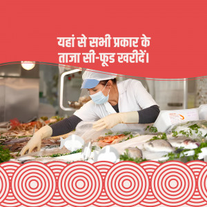 A worker wearing a mask and gloves preparing fresh seafood at a market.