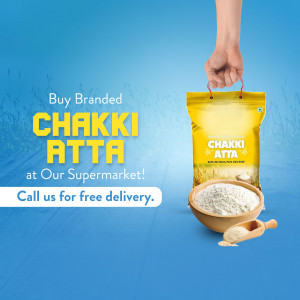 Image of Chakki Atta flour bag with a hand reaching for the handle and a bowl of flour.