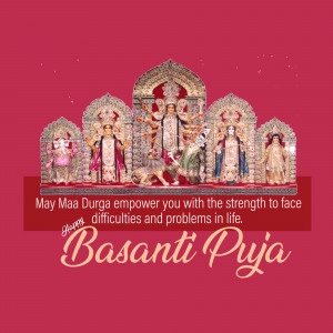 Image depicting a Durga Puja pandal with the Goddess Durga and text wishing 'Happy Basanti Puja'