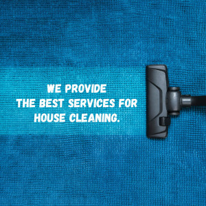 Vacuum cleaner on a blue textured surface with text promoting house cleaning services.