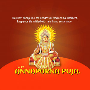 Image of Goddess Annapurna with text wishing Happy Annapurna Puja