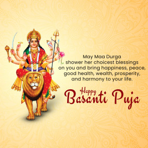 Image of Goddess Durga riding a lion with a festive Basanti Puja greeting.