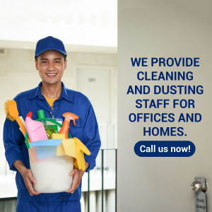 A smiling cleaning staff member holding cleaning supplies with text advertising cleaning services for offices and homes.