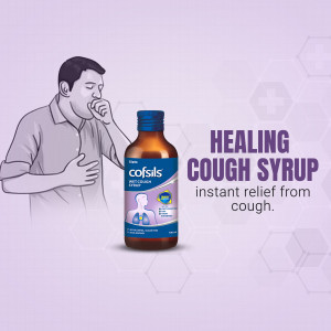 Image of Cofsils cough syrup bottle with a man experiencing cough symptoms.