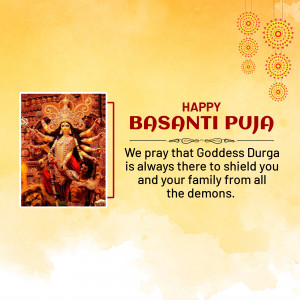 Image depicting Goddess Durga with a 'Happy Basanti Puja' message.