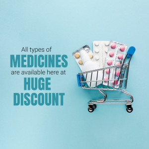 Shopping cart filled with various medications and pills, advertising a discount.